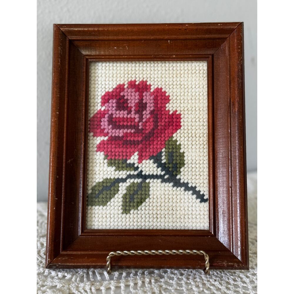 Vintage 1990 Rose Needlepoint Framed Floral Wall Art 7x9 Signed